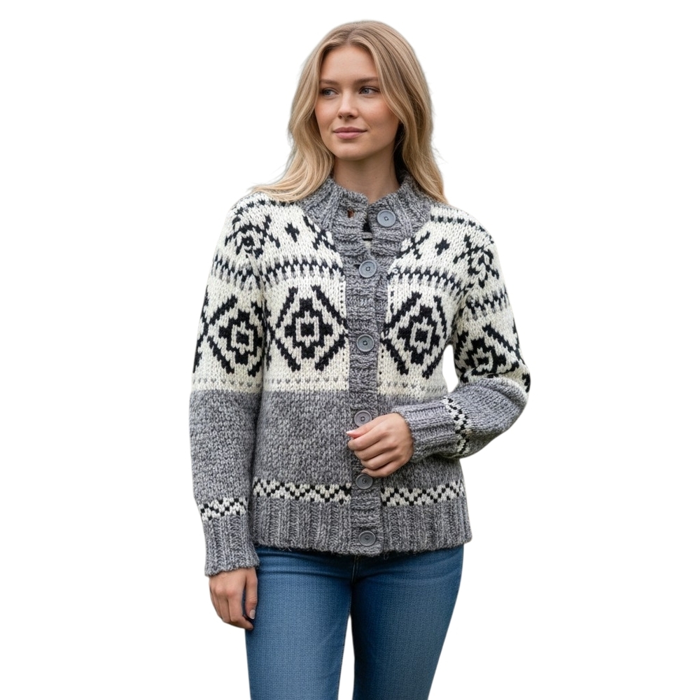 Context Women's Gray and White Geometric Patterned Sweater Size Petite Small